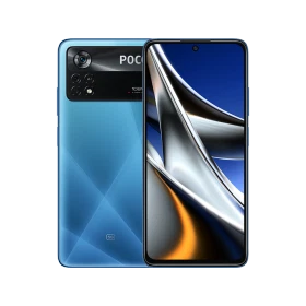 Mavi Poco X4 Pro akıllı telefon, ön ekran ve arka kamera tasarımıyla önden ve arkadan görünüm