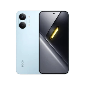 Mavi Poco X8 Pro Max akıllı telefonun ön ekranı ve çift arka kameralı arka yüzeyi, ana vitrin görünümü