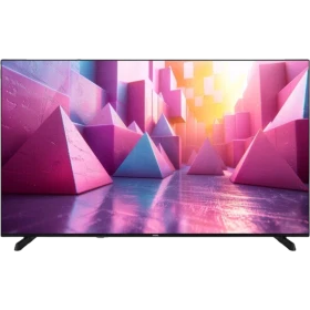 Vestel 65UA9740 Ultra HD 4K LED televizyon, renkli geometrik şehir manzarası gösteren ince ekranıyla