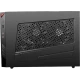 MSI Infinite S 9SI-096EU masaüstü bilgisayarın siyah kasası, delikli yan paneli ve ön bağlantı portları
