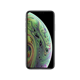 Apple iPhone XS siyah akıllı telefonun önden görünümü, çentikli ekran ve renkli duvar kâğıdıyla vitrin çekimi