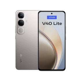 Vivo v40 Lite 5G gümüş akıllı telefon, ön ekran ve arka çift kamera tasarımıyla vitrin görünümü