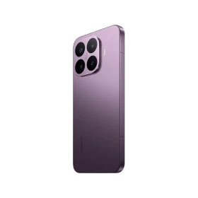 Mor renkli Xiaomi 17T Pro akıllı telefonun arka yüzeyi ve üçlü kamera modülü yandan görünümde