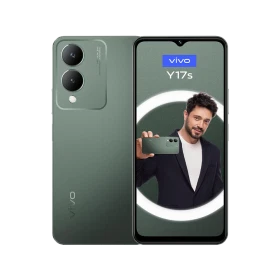 Yeşil Vivo Y17s akıllı telefonun ön ve arka yüzü, çift arka kamera ve geniş ekran tasarımıyla vitrin görünümü