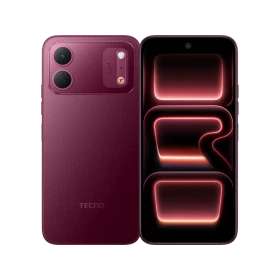 Mor Tecno Spark 50C telefonun ön ve arka yüzünü gösteren vitrin sunumu