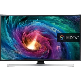 Samsung 65JS8500 Ultra HD 4K TV ekranında UHTDTV yazısı ve renkli spiral görüntü, genel siyah tasarım
