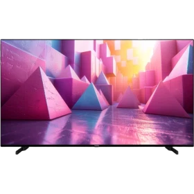 Vestel 70UA9740 Ultra HD 4K LED televizyon, renkli geometrik şehir manzarası görüntüsüyle önden görünür