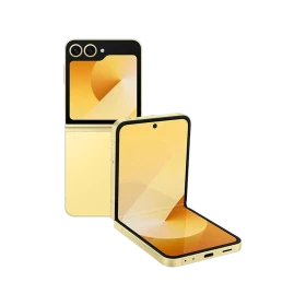 Sarı Samsung Galaxy Z Flip6 katlanabilir akıllı telefon, kapalı dış ekran ve açık iç ekran görünümü