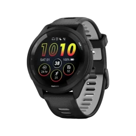 Garmin Forerunner 265 siyah akıllı saat, renkli spor ekranı ve delikli silikon kayışıyla önden görünüm