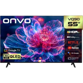 Onvo 55VQ90F3UA Ultra HD 4K LED televizyon, çiçek görüntülü ekranı ve ayaklarıyla önden görünüm