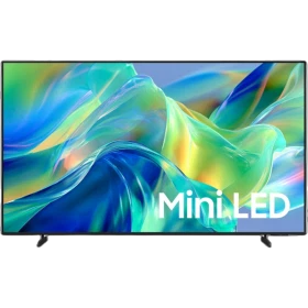 Samsung 75M1EH Ultra HD 4K Mini LED televizyon, siyah çerçeveli ve ayaklı tasarımıyla önden görünür