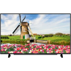 Grundig 43 VLE 5830 BN Full HD LED TV, siyah çerçeveli ekranda yel değirmeni ve rengârenk laleler gösteriyor