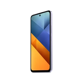 Mor renk Poco M6 akıllı telefon, ince çerçeveli ekranı ve yan profiliyle önden açılı görünümde