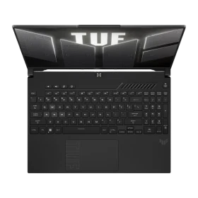 Asus TUF Gaming F16 FX607VU-RL017 koyu gri oyuncu laptop; açık klavye ve aydınlatmalı ekran bölümü görünüyor.