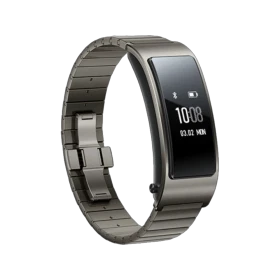 Huawei TalkBand B3 gri akıllı bileklik, kavisli ekranı ve metalik kayışıyla üç çeyrek açıdan görünür.