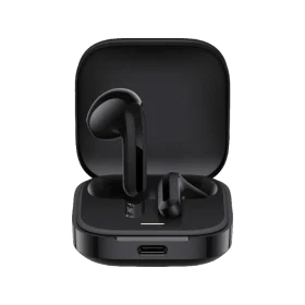 Xiaomi Redmi Buds 6 Active tam kablosuz siyah kulaklık, şarj kutusu açık ve kulaklıklar yerleştirilmiş