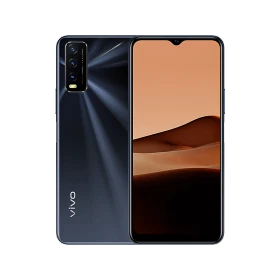 Vivo Y20 siyah akıllı telefon, vitrin görseli; ön ekran ve arka yüzeyde üçlü kamera tasarımı
