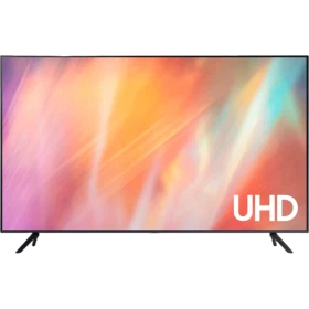 Samsung 75AU7100 Ultra HD 4K LED televizyon, canlı renkler ve UHD yazısı görünen vitrin ekranı