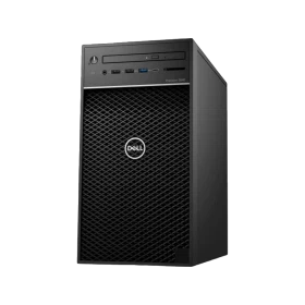 Dell Precision T3640 masaüstü bilgisayarın siyah kasası, önden ve yandan görünümü