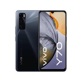 Vivo Y70 siyah akıllı telefon, ön ekran ve arka kamera modülüyle vitrin görünümü