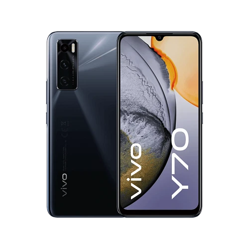 Vivo Y70 siyah akıllı telefon, ön ekran ve arka kamera modülüyle vitrin görünümü