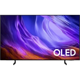Samsung 83S85H Ultra HD 4K OLED televizyon, renkli soyut ekran görüntüsü ile vitrin ön görünüm.