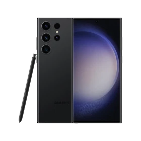Samsung Galaxy S23 Ultra siyah akıllı telefon, ön ve arka yüzü ile S Pen kalemli vitrin görünümü