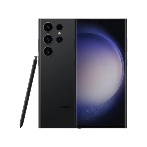 Samsung Galaxy S23 Ultra siyah akıllı telefon, ön ve arka yüzü ile S Pen kalemli vitrin görünümü