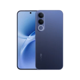 Vivo V70 SE mavi akıllı telefon, ön ekran ve arka kapak görünümü, dikey çift kamera modülüyle