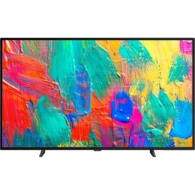 Axen AX49UAL08 Ultra HD 4K LED televizyon, ince siyah çerçevesi ve renkli ekran görüntüsüyle önden görünüm
