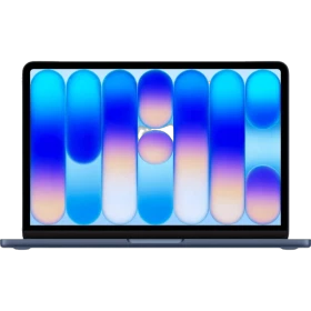 Apple MacBook Neo lacivert laptop, önden açık ekranlı vitrin çekimi