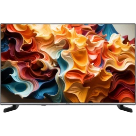 Vestel 43F9530 Full HD LED TV, renkli soyut ekranı ve ince siyah çerçevesiyle önden görünüm