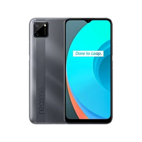 Realme C11 gri akıllı telefon, ön ekran ve arka kamera tasarımını gösteren vitrin görünüm