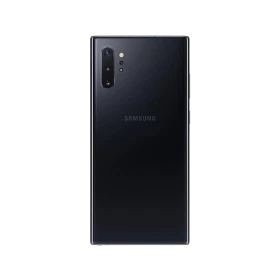 Samsung Galaxy Note 10 Plus siyah akıllı telefonun arka yüzü, üçlü kamera ve flaş detayıyla görünüm
