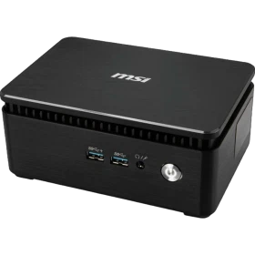 MSI Cubi 3 Silent S-028XTR siyah kompakt masaüstü bilgisayar, önden USB bağlantıları ve güç düğmesiyle