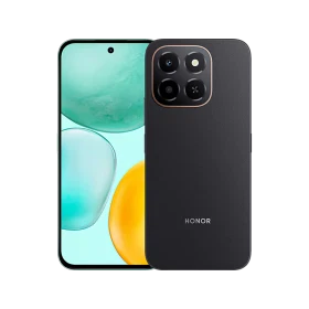 Honor X6C siyah akıllı telefonun ön ve arka görünümü, geniş ekran ve dörtlü kamera modülüyle