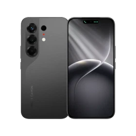 Tecno Camon 50 siyah akıllı telefon, üçlü arka kamera tasarımı ve tam ekran ön yüz görünümü