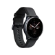 Samsung Galaxy Watch Active 2 40 mm siyah paslanmaz çelik akıllı saat, yuvarlak ekran ve siyah kayışla gösteriliyor
