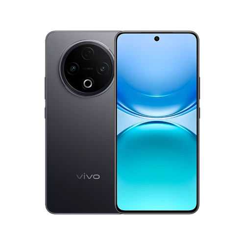 Vivo Y500 siyah akıllı telefon, ön ekran ve arka yuvarlak kamera modülüyle vitrin görünümü