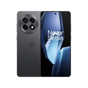 Siyah OnePlus 13R akıllı telefon, ön ekranı ve büyük dairesel arka kamera modülüyle vitrin görünümü
