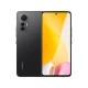 Xiaomi 12 Lite siyah akıllı telefon, ön ekran ve arka üçlü kamera tasarımıyla vitrin görünümü
