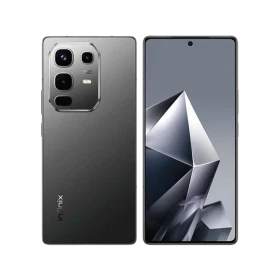 Infinix Note 50 siyah akıllı telefon, ön ekran ve arka kamera modülüyle vitrin görünümü