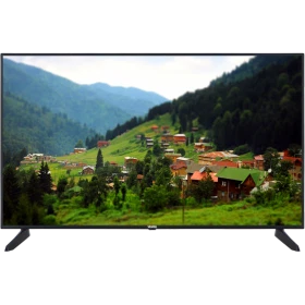 Vestel 49FB7500 Full HD LED TV, dağ köyü manzarası gösteren siyah ekranlı televizyon
