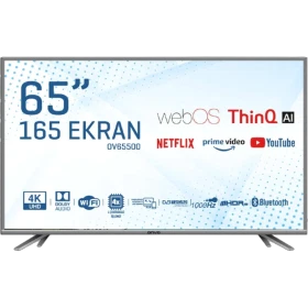 Onvo OV65500 Ultra HD 4K LED televizyon, 65 inç ekranı ve ayaklı tasarımıyla önden görünüm
