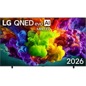 LG 115QNED93B6 Ultra HD 4K TV, siyah çerçeveli televizyonun ön görünümü ve renkli ekranı