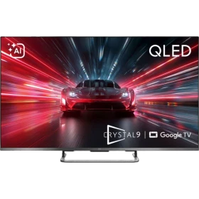 Beko B 965 C AI Ultra HD 4K QLED TV, ekranda kırmızı otomobil ve siyah ayak tasarımıyla gösteriliyor