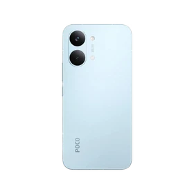 Mavi renkli Poco X8 Pro Max akıllı telefonun arka yüzeyi, çift kamera modülü ve sade tasarımı
