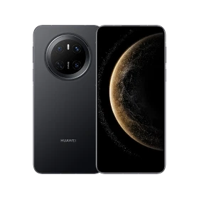 Huawei Mate 70 siyah akıllı telefon, ön ekran ve dairesel çoklu arka kamera tasarımlı vitrin görünümü