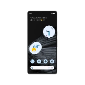 Siyah Google Pixel 7 Pro akıllı telefonun ön yüzü, açık ekranı ve uygulama simgeleriyle birlikte.
