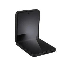 Siyah Samsung Galaxy Z Flip7 FE katlanabilir akıllı telefon, yarı açık konumda önden görünüm